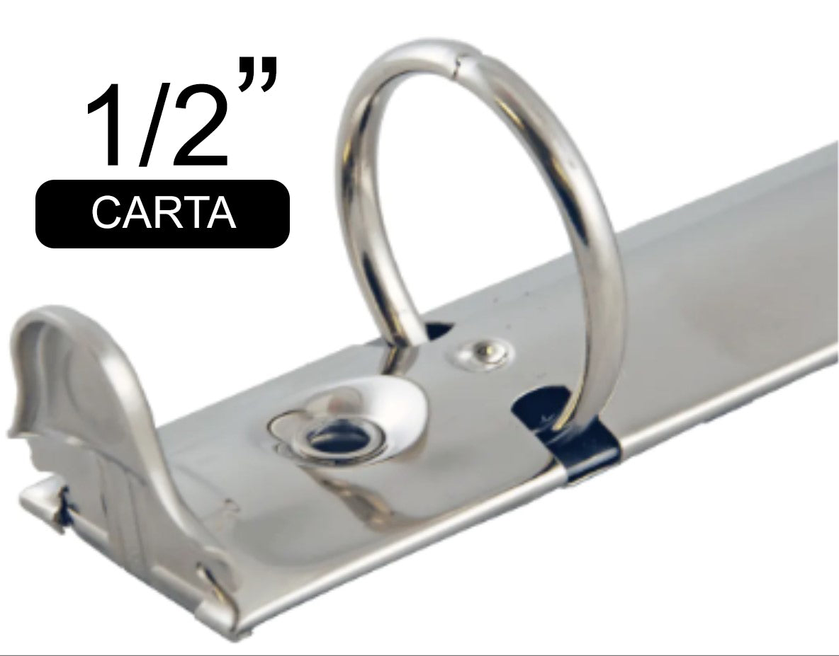 Herraje tamaño carta de 280 mm con tres argollas circulares de 1/2 de pulgada de diámetro, con palancas, base de 20 mm, acabado níquel, y capacidad para 110 hojas. Herraje tamaño carta de 280 mm con tres argollas circulares de 1/2 de pulgada de diámetro, con palancas, base de 20 mm, acabado níquel, y capacidad para 110 hojas.